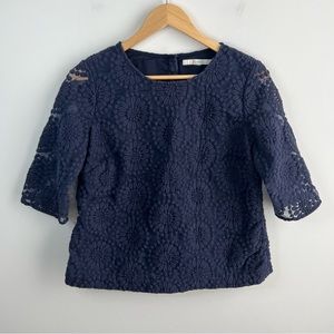 BODEN Top Size 10 Large Embroidered Floral Organza 3/4 Sleeve Blouse Navy Blue